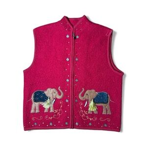 Vintage Red Boiled Wool Ethnic Indian Elephant Christmas Sweater XL